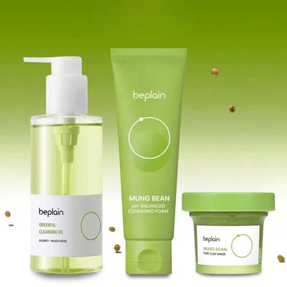 Korean Beplain Mung Bean Pore Serum,Deep Pore Cleansing Foam,Makeup Remover Oil and Clay Mask Facail Firming Skin Care Products